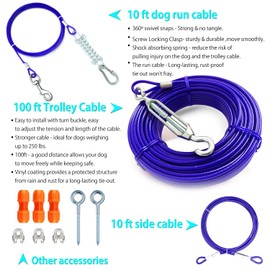 Heavy Duty Aerial Dog Tie Out Trolley System for Small to Large Dogs - Run Cable 100ft /75ft Zipline with 10ft Runner Cable Great for Yard (Blue, 100 ft for one Dogs up to 250 lbs)