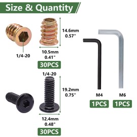 Bemaka 30 Sets 1/4-20 x 3/4" Furniture Screw Threaded Wood Inserts, Screw-in Nuts 1/4-20 x 19/32" Furniture Bolts Fastener Connector Hex Socket Drive with Two Hex Wrenches