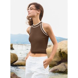 MIHOLL Women Tank Top Summer 2025 Halter Knit Ribbed Racerback Tank Tops Contrast Trim Sweater Camis Shirts(Brown,XX-Large)