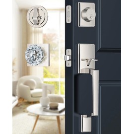 Calzibeno Brushed Nickel Front Door Handle and Deadbolt Set, Front Door Lock Set with Crystal Glass Door Knob, Exterior Door Lock Set with Single Cylinder, Reversible for Right & Left, Satin Nickel