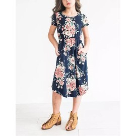 21KIDS Girls Floral Casual Short Sleeve Short Dress Maxi Dress with Pockets, Dark Blue, 12 Years