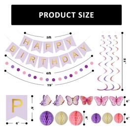Asheyya Birthday Decorations for Girls Women, Butterflies Hanging Swirl Streamer Party Decorations with Honeycomb Ball