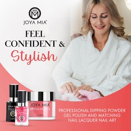 JOYA MIA Professional Dipping Powder Gel polish and matching nail lacquer Nail art long lasting simply apply easy soak off 2oz jar and 15mL bottles (3in1-16)