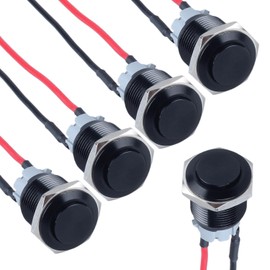 DMWD 5pcs 16mm Latching Metal Push Button Switch High Round Head Aluminium Shell with Pre-soldered Cable 1NO 12V 24V 36V 110V 250V Waterproof IP66 Without LED (Black)
