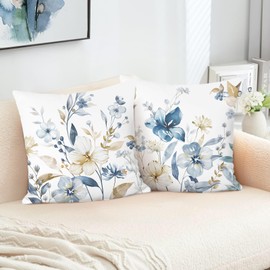 Bonhause Set of 2 Cushion Covers Flowers Blue 45 x 45 cm Watercolour Flower Leaves Decorative Cushion Covers for Sofa Bedroom Living Room Garden Home Decoration