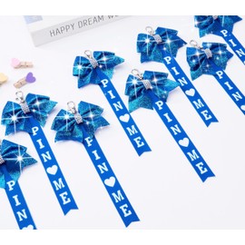 KAFUN 8PCS Cheer Pin Me Ribbon Cheerleader Pin Me Bow Cheer Bow Keychain with Rhinestones Cheerleading Sports Accessory Gift (Blue)
