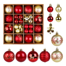 SULOLI Christmas Balls Ornaments Set, 44 Pcs Xmas Shatterproof Plastic Baubles Hanging Balls for Christmas Tree Holiday Party Wedding Decoration (Red & Gold)