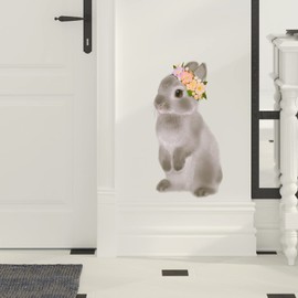 RoyoLam Gray Rabbit with Flowers Wall Decal Nursery Bunny Animal Wall Sticker Removable Peel and Stick Waterproof Wall Art Decor Stickers for Kids Baby Classroom Living Room Playing Room Bedroom