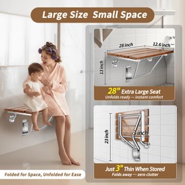 𝙐𝙥𝙜𝙧𝙖𝙙𝙚 28 Inch Folding Shower Seat Wall Mounted, Teak Wood Shower Seat with Stainless Steel Bracket, 550lb Capacity, for Elderly, Disabled, Pregnant Women, Kids