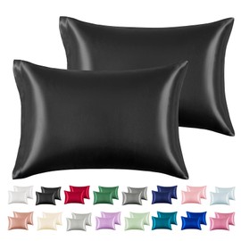 Silk Satin Pillowcase Queen Size, Black Silky Soft Cooling Satin-Silk Pillow Cases for Hair and Skin with Envelope Closure, Gift for Women Men, 2 Pack (20x30, Black)