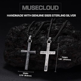 MUSECLOUD Sterling Silver Cross Pendant Necklace for Men - Oxidized Sterling Silver Cross Pendant with Stainless Steel Box Chain | Mens Black Cross Necklaces Jewelry for Partner Fiancé 20 Inches