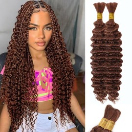 Brown Human Braiding Hair Deep Water Wave Bulk 100g 24 Inch Color 30 Curly for Boho Braids Extensions No Weft 2 Braids Per Pack Wet and Wavy Hair