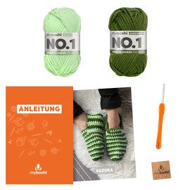 myboshi Suzuki Slippers Crochet Set, Including No. 1 Wool, Needle and Instructions, Shoe Crochet Pack, 30% Merino Wool, Green with Crochet Hook