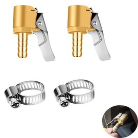 Brass Air Chuck with Lock-on Clip Male Pneumatic Air Hose Fittings 2Pcs with Hose Clamps 2Pcs for Inflator Gauge Compressor Accessories（Golden） (1)