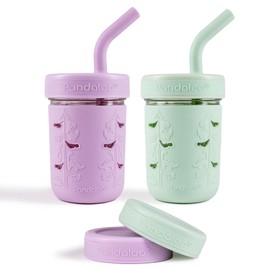 Pandaloo® Mason Jar Toddler Cup - 8 oz Spill-Proof Glass Tumbler with Silicone Straw and Lid, Non-Slip Sleeve, BPA-Free Toddler Snack Cups - Perfect Smoothie Cups with Lids and Straws for Kids