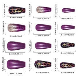 French Tip MINFOSAHN Press on Nails Medium Coffin Fake Nails Leopard False Nails with Charms Purple Glitter Design Glossy Full Cover Acrylic Glue on Nails Stick on Nails for Women Girls 24 Pcs