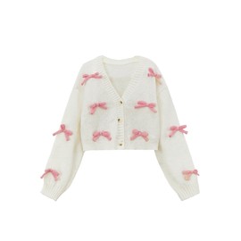 SHENHE Girl's Bow Button Down Knitted Cardigan V Neck Loose Cute Crop Sweater Outwear White 8 Years