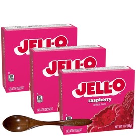 Jell-O Gelatin Dessert Mix - 3 oz Boxes (Pack of 3) - With Candy Freezer Wooden Spoon (Raspberry) - Wooden Spoon