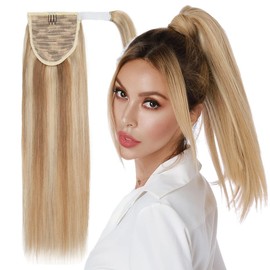 MY-LADY Ponytail Extension Human Hair 22 Inch Golden Brown & Bleach Blonde Wrap Around Drawstring Real Remy Hair Ponytail Long Straight Pony Tail for Women Kids Clip in Hairpiece 95g