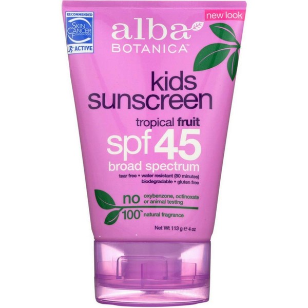 Alba Botanica Kids Sunscreen SPF 45, Tropical Fruit, 4 oz (Pack of 4)