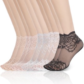 YQQYG 5 Pair Womens Lace Socks, Multicolor Lace Ankle Socks Fishnet Socks Ruffle Sock, Non Slip Sheer Sock for Women Girls Dress Accessories