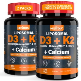 Vitamin D3 20,000 IU + K2 Vitamin(MK& MK) 200mcg + Calcium Citrate,Optimal Vitamin D3 K2 Softgel- Strong Bone & Muscle, Calcium Absorption, Helping Vitamin D Deficiencies, Easy to Swallow, (Pack of 2)