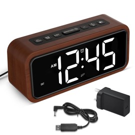 Netzu Loud Alarm Clocks Bedside, Wooden Alarm Clock with 12 Alarm Sounds, 5 Volumes, 5 Brightness, LED Display, Snooze, Manual DST, Loud Alarm Clocks for Bedroom Living Room, Mains Powered