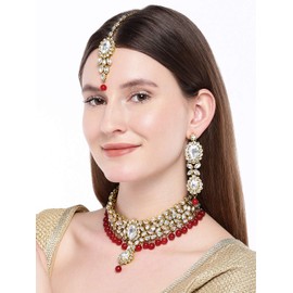 Aheli Indian Faux Kundan Beaded Necklace Earrings Maang Tikka Bollywood Ethnic Traditional Jewelry Set Gift for Women Red