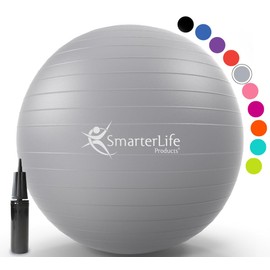 SmarterLife Exercise Ball Yoga Ball for Fitness, Balance, Stability, or Pregnancy, Gym Ball for Core Workout, Physical Therapy, Yoga Ball Chair for Office, Anti-Slip Anti-Burst (65 cm, Silver)