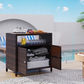 Outsunny Wicker Outdoor Storage Cabinet, Rattan Outdoor Bar Table with Acacia Wood Countertop, 2 Doors and Shelf, Buffet Cabinet Sideboard for Poolside, Garden, Patio, Backyard, Brown