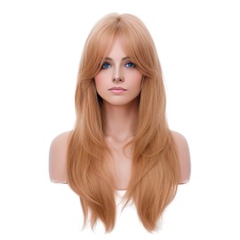 Rugelyss Rugelyss Long Wavy Strawberry Blonde Wigs for Women, Layered Synthetic Hair Wig with Bangs for Daily Party