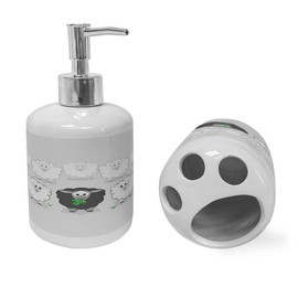 Ambesonne Colorful Soap Dispenser & Toothbrush Holder Set, Flock of Sheep with a Black Different Strange, Ceramic Bathroom Toiletry Accessories, 2 Pcs, Fern Green Grey