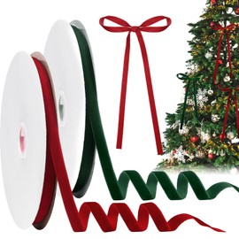 Cindeer 2 Rolls 50 Yard Christmas Velvet Ribbon Vintage Solid Color Velvet Ribbon for Gift Wrapping Christmas Tree Ornaments Fireplace Garland Decoration Wreath Craft Bow Making(0.39 Inch,Red, Green)