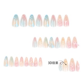 3D Press on Nails Medium Almond with Streamline Floral Design, Nude Pink Blue Ombre Nail Press ons Glossy Glue on Nails for Women Reusable with Kit, Stick on Cute Fake Nail with Designs Perfectly Fit