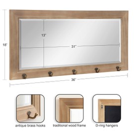Kate and Laurel Pub Mirror with 5 Metal Hooks, Rustic Gray
