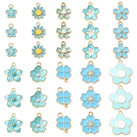 LiQunSweet - 60 piezas de 10 estilos de flores esmaltadas con temática azul de primavera, trébol floral, flor de cerezo y margaritas para bricolaje, joyería, collares, aretes, manualidades