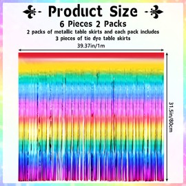 Tudomro 2 Pack 31 x 118 Inch Rainbow Plastic Table Skirts Metallic Tinsel Foil Fringe Tablecloth Tie Dye Party Decorations Self Adhesive Tinsel Table Skirt for Party Favors Table Supplies(2 Pack)
