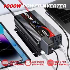 Sunivora 1000 Watt Inverter with LCD Display 12V DC to 110V/120V AC 2000 Watt(Peak) Car Power Inverter with 2 AC Outlets 20W PD USB-C and 18W QC USB-A Power Converter for Car, Laptops, Road Trip