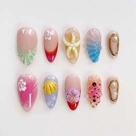French Tip Press on Nails Almond Medium Fake Nails 3D Floral False Nails with Hibiscus Starfish Gold Curve Line Designs Ocean Stick on Nail Summer Glossy Glue on Nail for Women Girls 24Pcs