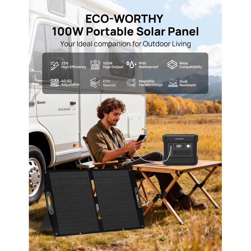 ECO-WORTHY 100W Portable Solar Panel for Power Stations,IP65 Waterproof &