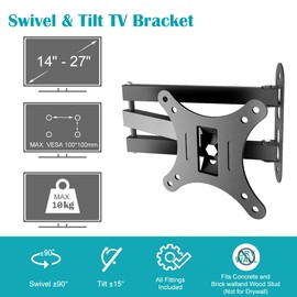 TV Wall Mount Bracket Tilt Swivel for Most 14-27 Inch LED LCD Plasma Screen Monitor, VESA 100x100mm, with Full Motion Articulating 15" Extension Arm