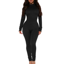 Mokoru Women's Sexy Bodycon Long Sleeve One Piece Jumpsuits Full Length Club Rompers,Large,Black