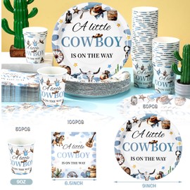 Hushee 200 Pcs a Little Cowboy Is on the Way Baby Shower Paper Plates Napkins Cups Cowboy Baby Shower Party Supplies Tableware Set Cowboy Disposable Cup Napkin for 50 Guest Boy Girl Spring Decoration