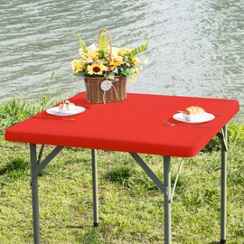 Nacuci Square Fitted Table Cover Elastic Tablecloth Stretch Spandex Table Top Cover Table Topper Cap for Dining Kitchen Home Party Red 34X34 Inch
