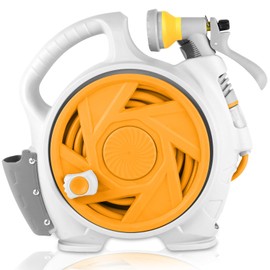 Kitness Mini Retractable Garden Hose Reel, Portable Simple Home 45+5 FT Hose Reel with 7 Adjustable Patterns Spray Nozzle&Standard Connector, Watering Hose Reel for Gardens Yards and lawns (Orange)