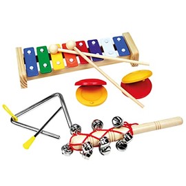 Bino world of toys Music Set Children's Music Instrument Set Wooden and Metal Toy for Children from 3 Years (4 Pieces, Includes Xylophone, Mallet, Jingstick, Triangle and Castanet), Colourful