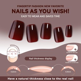 CUZIAM Dark Red Press on Nails Short Square, Sofe Gel Glossy Burgundy Fall Nails Full Cover Glue on Nails, Reusable Winter Thick Pretty Fake False Acrylic Nails Press Ons for Women,32pcs