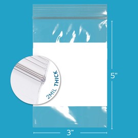GPI Case of 1000 3" X 5" Clear Plastic Reclosable Zip Bags - Bulk 2 Mil Thick Strong & Durable Poly Baggies with Resealable Zipper Top Lock & Write-on White Block, for Storage, Packaging & Shipping