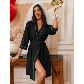 Ekouaer Robes for Women Knee Length Bathrobe Lightweight Kimono Robe 3/4 Sleeve Loungewear Soft Sleepwear with Pockets M