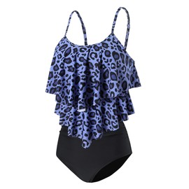 FLYILY Women Two Piece High Waisted Swimwear Tankin Sets Ruffle Ruched Bathing Suit Swimming Costume(2-NavyLeopard,L)